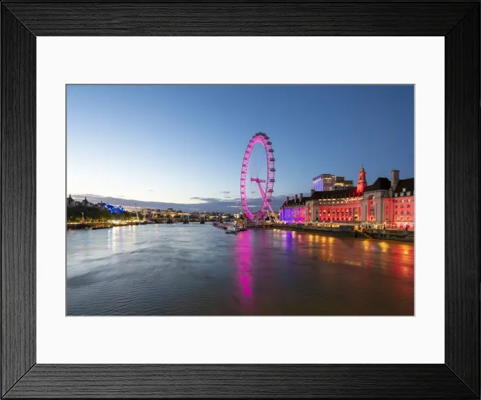 Framed Print : The London Eye lit up pink during blue hour, and River Thames, London, England Framed Print : The London Eye lit up pink during blue hour, and River Thames, London, England