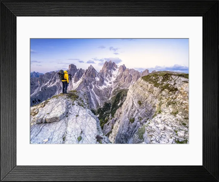 Framed Print : Man on top of rocks photographing Cadini di Misurina at sunrise, Dolomites Framed Print : Man on top of rocks photographing Cadini di Misurina at sunrise, Dolomites