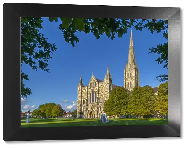 View of Salisbury Cathedral framed by trees, Salisbury, Wiltshire, England