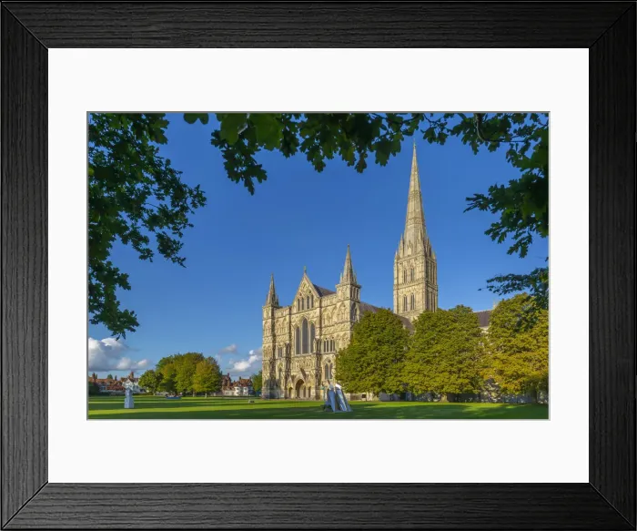 Framed Print : View of Salisbury Cathedral framed by trees, Salisbury, Wiltshire, England Framed Print : View of Salisbury Cathedral framed by trees, Salisbury, Wiltshire, England