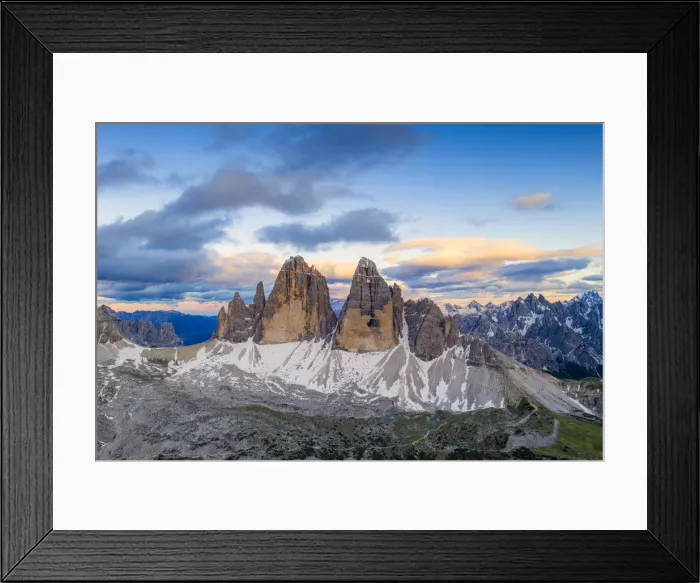 Framed Print : Aerial view of Tre Cime di Lavaredo and Grava Longa lakes at sunset Framed Print : Aerial view of Tre Cime di Lavaredo and Grava Longa lakes at sunset