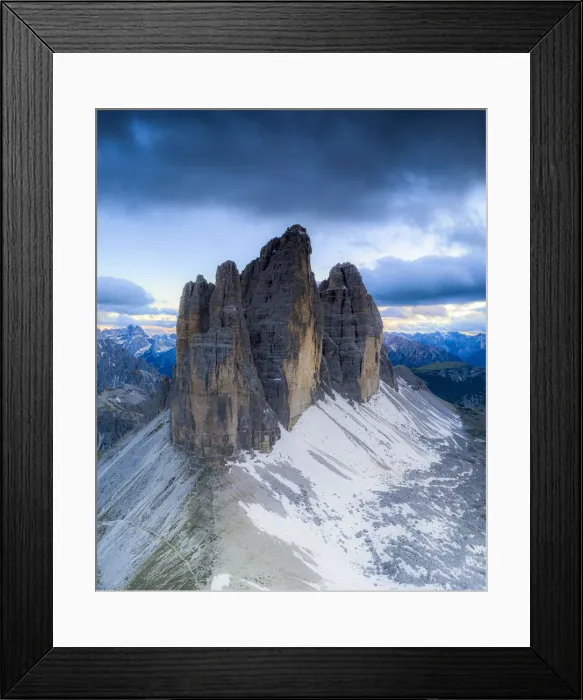 Framed Print : Clouds over the majestic peaks of Tre Cime di Lavaredo, aerial view