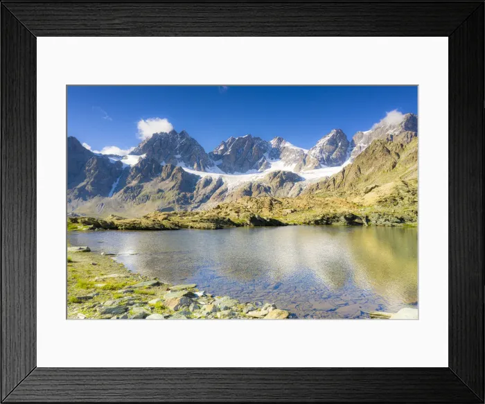 Framed Print : Clear sky over the rocky peaks of Bernina Group and Forbici lake in summer, Valmalenco Framed Print : Clear sky over the rocky peaks of Bernina Group and Forbici lake in summer, Valmalenco