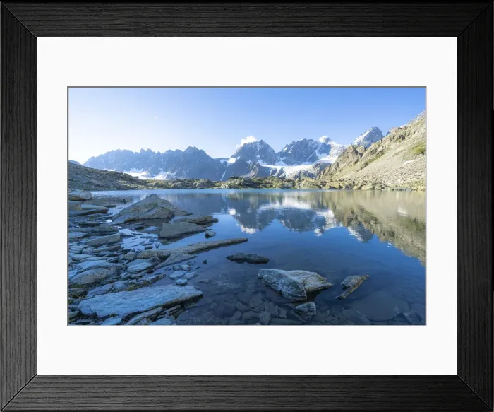 Framed Print : Bernina Group reflected in the clear water of Forbici lake at dawn, Valmalenco Framed Print : Bernina Group reflected in the clear water of Forbici lake at dawn, Valmalenco