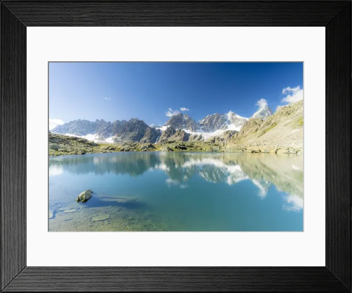 Framed Print : Bernina Group mountains mirrored in the clear water of Forbici lake, Valmalenco Framed Print : Bernina Group mountains mirrored in the clear water of Forbici lake, Valmalenco