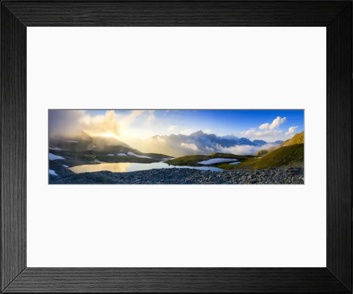 Framed Print : Sunrise over Mittleres Schwarziseeli lake and Galenstock mountain peak in background Framed Print : Sunrise over Mittleres Schwarziseeli lake and Galenstock mountain peak in background