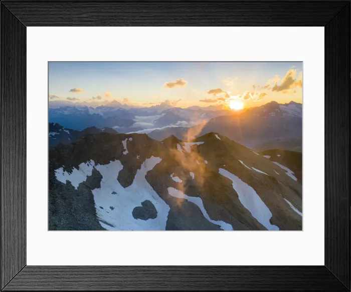 Framed Print : Last rays of sunset light the rocky mountain peaks, Furka Pass, Canton Uri, Switzerland