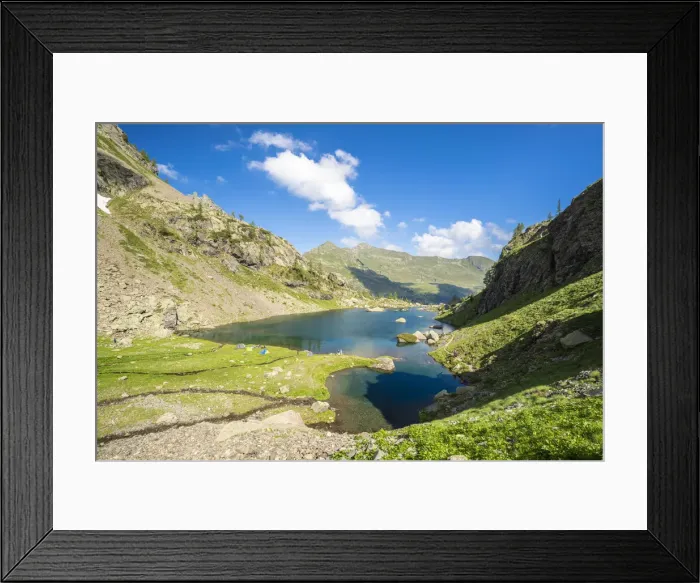 Framed Print : Elevated view of tents in the green meadows on shores of lake Zancone, Orobie Alps Framed Print : Elevated view of tents in the green meadows on shores of lake Zancone, Orobie Alps