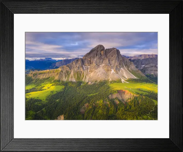 Framed Print : Aerial view of Sass De Putia (Peitlerkofel) and canyon surrounded by woods Framed Print : Aerial view of Sass De Putia (Peitlerkofel) and canyon surrounded by woods