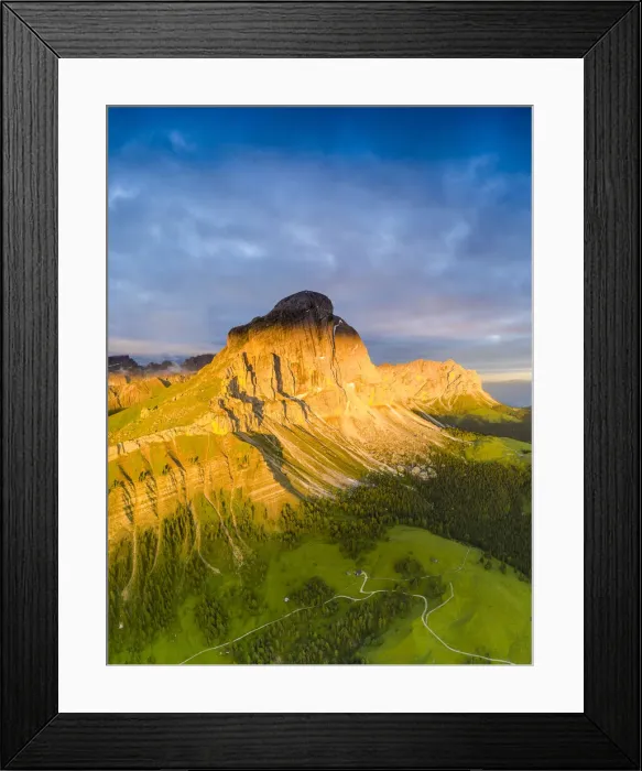 Framed Print : Aerial view of Sass De Putia (Peitlerkofel) at dawn in summer, Passo Delle Erbe Framed Print : Aerial view of Sass De Putia (Peitlerkofel) at dawn in summer, Passo Delle Erbe