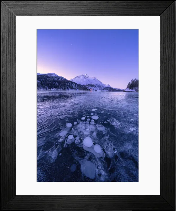 Framed Print : Ice bubbles trapped in Lake Sils with Piz Da La Margna in background at dawn, Engadine Framed Print : Ice bubbles trapped in Lake Sils with Piz Da La Margna in background at dawn, Engadine