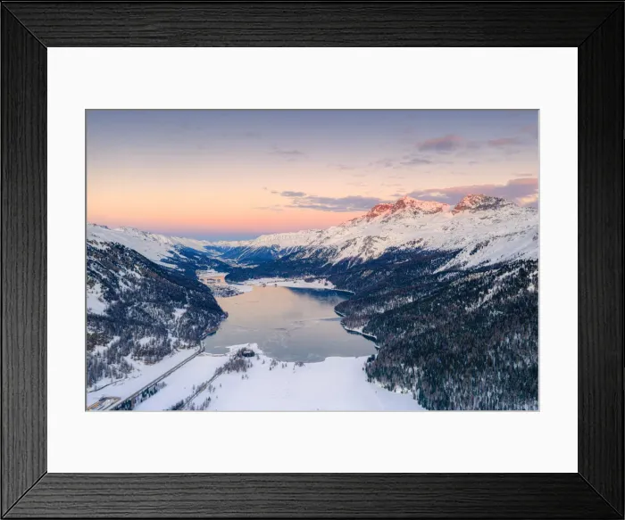 Framed Print : Aerial view of frozen Lake Silvaplana and Piz Corvatsch covered with snow at sunset Framed Print : Aerial view of frozen Lake Silvaplana and Piz Corvatsch covered with snow at sunset