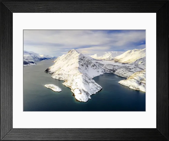 Framed Print : Aerial view of snow capped mountains along the clear water of Altafjord Framed Print : Aerial view of snow capped mountains along the clear water of Altafjord