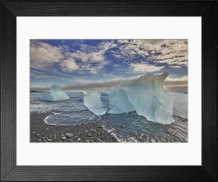 Framed Print : Melting glacial ice, carved from the Vatnajokull icecap, on the beach at Jokulsarlon Framed Print : Melting glacial ice, carved from the Vatnajokull icecap, on the beach at Jokulsarlon