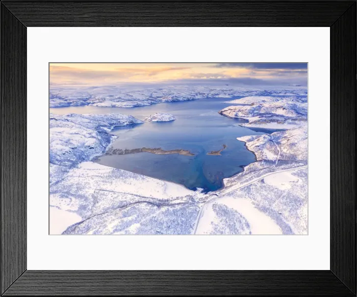 Framed Print : Aerial view of Norwegian County Road 98 along snowy mountains above Laksefjorden, Lebesby Framed Print : Aerial view of Norwegian County Road 98 along snowy mountains above Laksefjorden, Lebesby