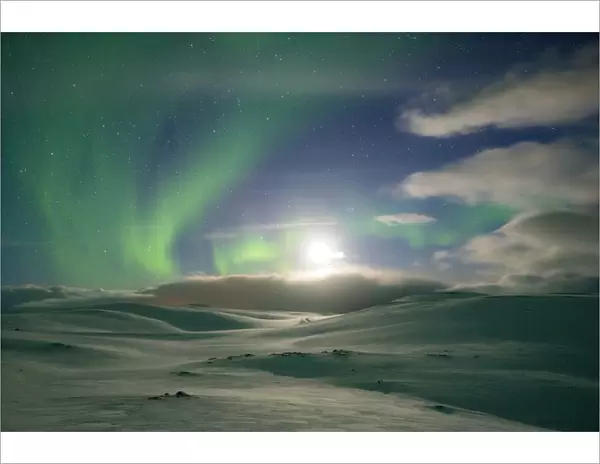 Snowy landscape lit by moon in the starry sky during the Northern Lights (Aurora Borealis