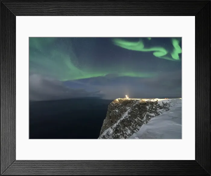 Framed Print : Northern Lights (Aurora Borealis) over North Cape cliff in winter, Mageroya island
