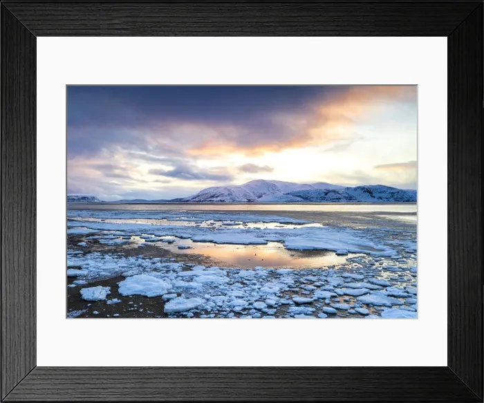 Framed Print : Arctic sunset on snow capped mountains and frozen sea, Tanamunningen Nature Reserve Framed Print : Arctic sunset on snow capped mountains and frozen sea, Tanamunningen Nature Reserve