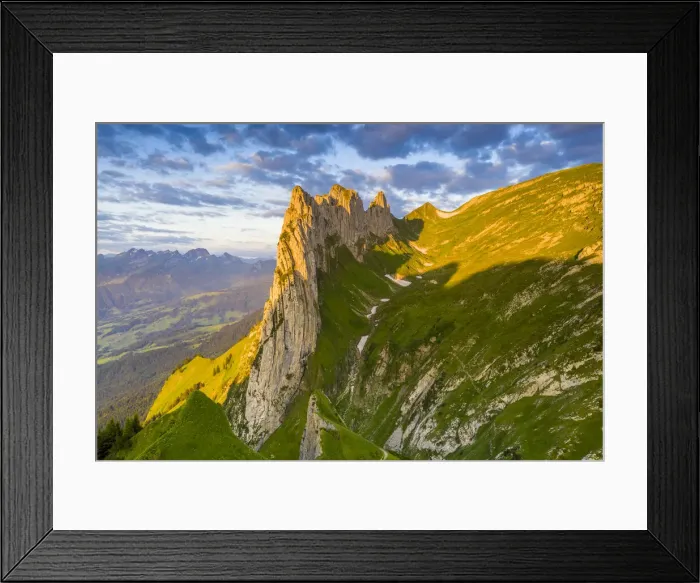 Framed Print : Sunrise on rocky peak of Saxer Lucke mountain in summer, Appenzell Canton, Alpstein Range Framed Print : Sunrise on rocky peak of Saxer Lucke mountain in summer, Appenzell Canton, Alpstein Range
