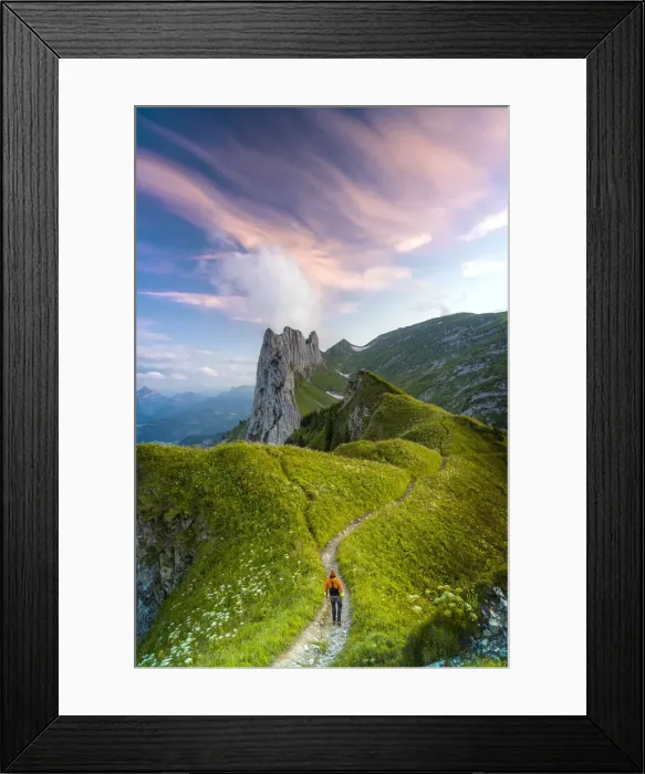 Framed Print : Hiker man walking on footpath towards Saxer Lucke at sunset, Appenzell Canton Framed Print : Hiker man walking on footpath towards Saxer Lucke at sunset, Appenzell Canton