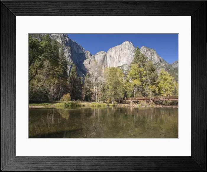 Framed Print : View across the tranquil Merced River below Swinging Bridge, autumn, Yosemite Village Framed Print : View across the tranquil Merced River below Swinging Bridge, autumn, Yosemite Village