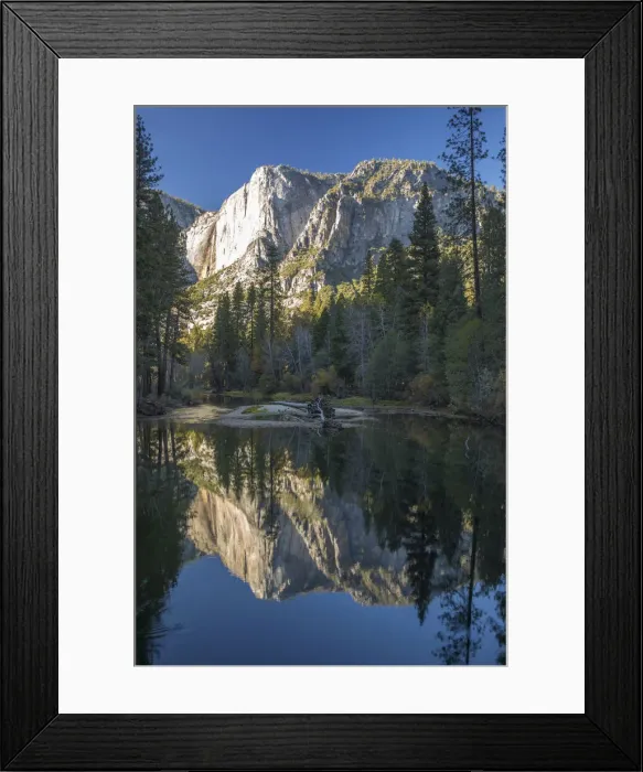 Framed Print : High granite cliffs reflected in the tranquil Merced River, autumn, Yosemite Village Framed Print : High granite cliffs reflected in the tranquil Merced River, autumn, Yosemite Village