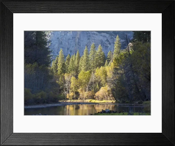 Framed Print : View along the tranquil Merced River below Stoneman Bridge, autumn, Yosemite Village Framed Print : View along the tranquil Merced River below Stoneman Bridge, autumn, Yosemite Village