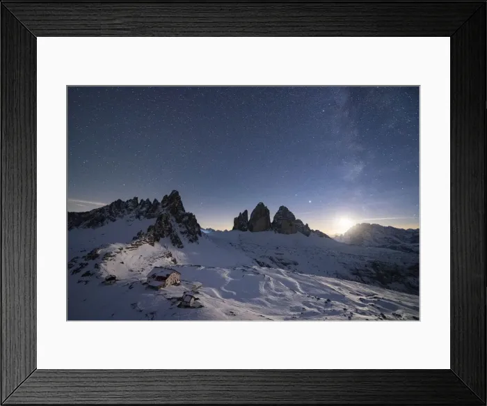 Framed Print : Monte Paterno, Tre Cime di Lavaredo and Rifugio Locatelli hut lit by moon Framed Print : Monte Paterno, Tre Cime di Lavaredo and Rifugio Locatelli hut lit by moon