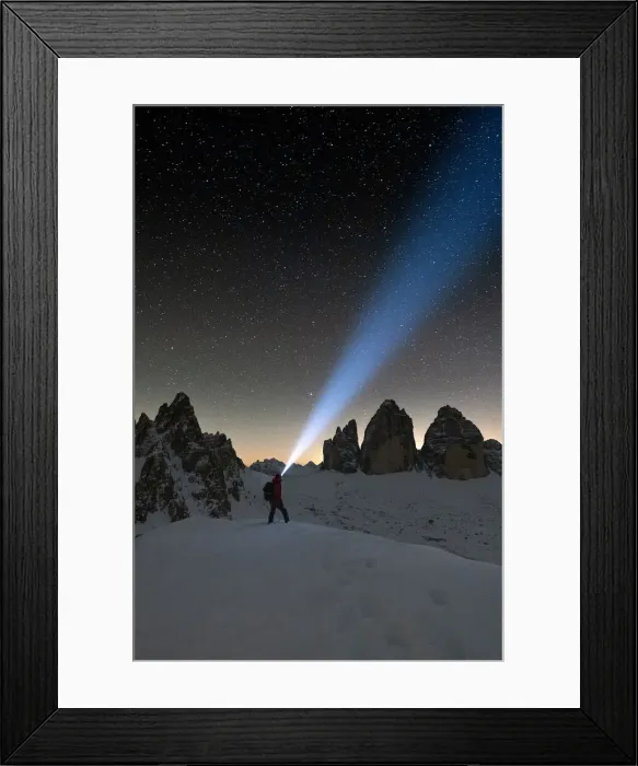 Framed Print : Hiker with head torch admiring stars on Monte Paterno and Tre Cime di Lavaredo Framed Print : Hiker with head torch admiring stars on Monte Paterno and Tre Cime di Lavaredo