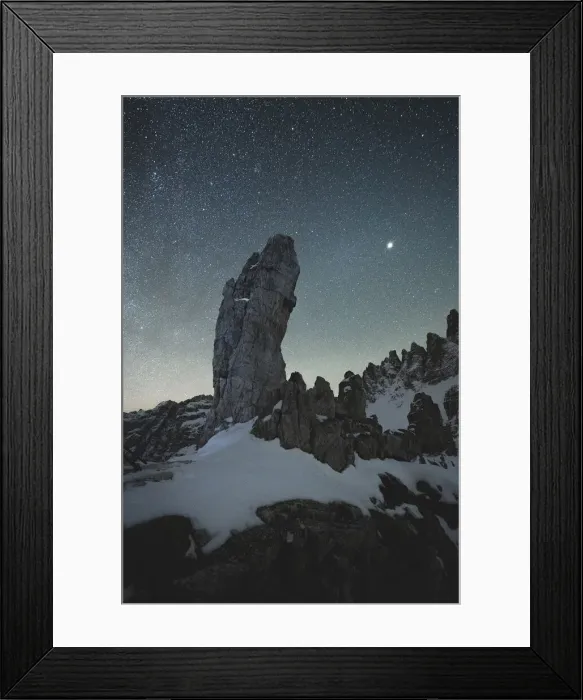 Framed Print : Stars over the Frankfurter Wurstel (Salsiccia) rock and Monte Paterno, Sesto Dolomites Framed Print : Stars over the Frankfurter Wurstel (Salsiccia) rock and Monte Paterno, Sesto Dolomites