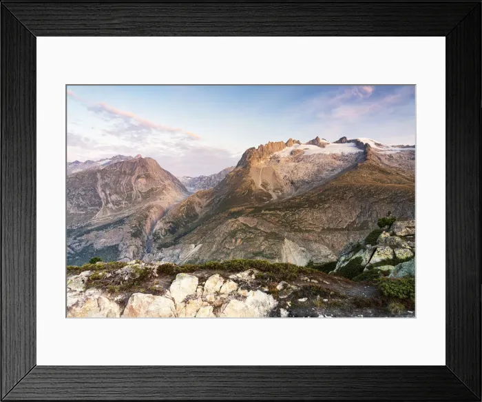 Framed Print : Gross Fusshorn, Rotstock and Geisshorn mountains at dawn from Hohfluh lookout, Riederalp Framed Print : Gross Fusshorn, Rotstock and Geisshorn mountains at dawn from Hohfluh lookout, Riederalp