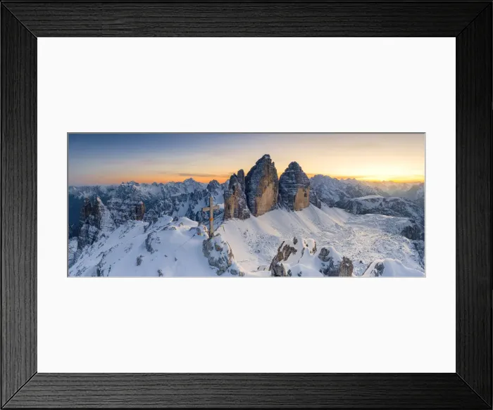 Framed Print : Summit cross on snow capped Monte Paterno with Tre Cime Di Lavaredo in background Framed Print : Summit cross on snow capped Monte Paterno with Tre Cime Di Lavaredo in background