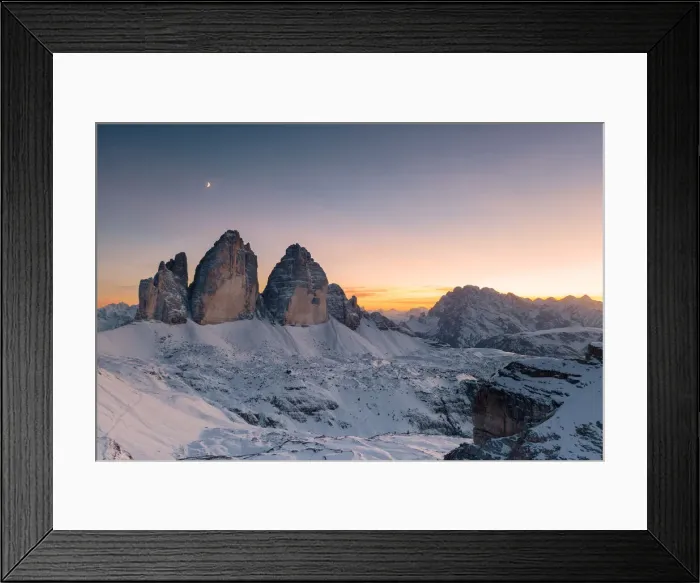 Framed Print : Sunset over Tre Cime di Lavaredo and Monte Cristallo covered with snow in autumn Framed Print : Sunset over Tre Cime di Lavaredo and Monte Cristallo covered with snow in autumn