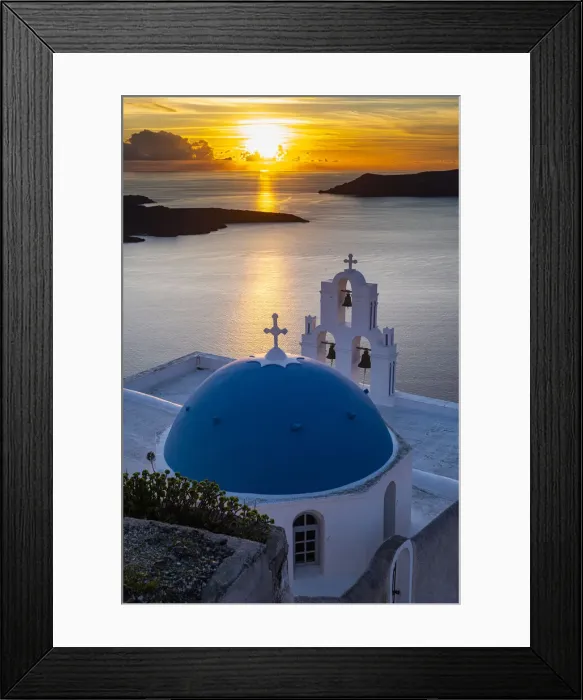 Framed Print : Sunset over the volcanic islands of Santorini and Anastasi Orthodox Church at sunset Framed Print : Sunset over the volcanic islands of Santorini and Anastasi Orthodox Church at sunset