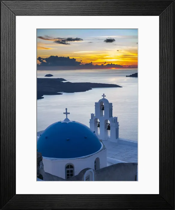 Framed Print : Sunset over the volcanic island of Santorini and Anastasi Orthodox Church at sunset, Fira Framed Print : Sunset over the volcanic island of Santorini and Anastasi Orthodox Church at sunset, Fira