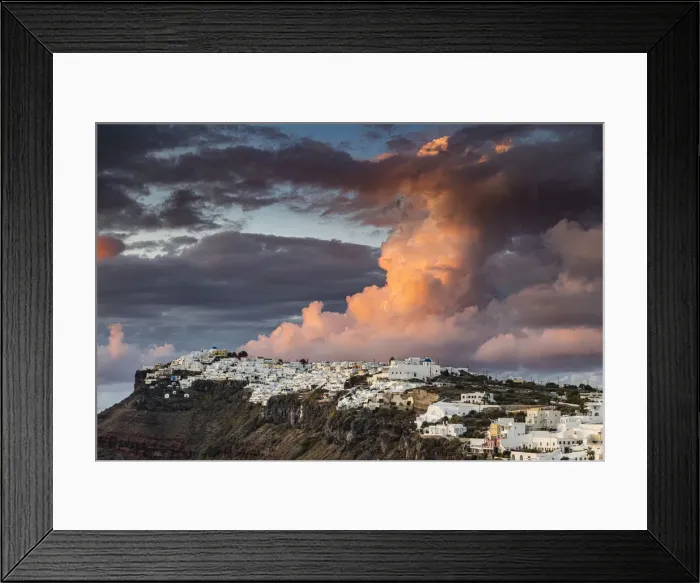 Framed Print : Whitewashed houses on the caldera at sunset, Fira, Santorini, Cyclades, Greek Islands Framed Print : Whitewashed houses on the caldera at sunset, Fira, Santorini, Cyclades, Greek Islands