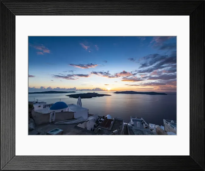 Framed Print : Sunset over the volcanic islands of Santorini and Anastasi Orthodox Church at sunset Framed Print : Sunset over the volcanic islands of Santorini and Anastasi Orthodox Church at sunset
