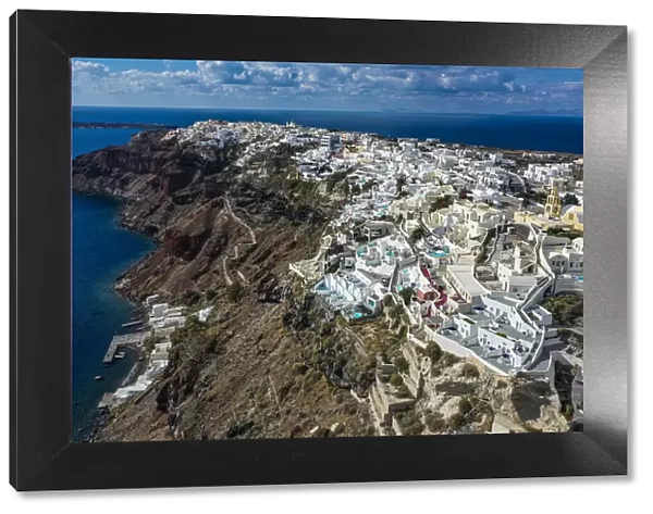 Aerial of Oia, Santorini, Cyclades, Greek Islands, Greece, Europe