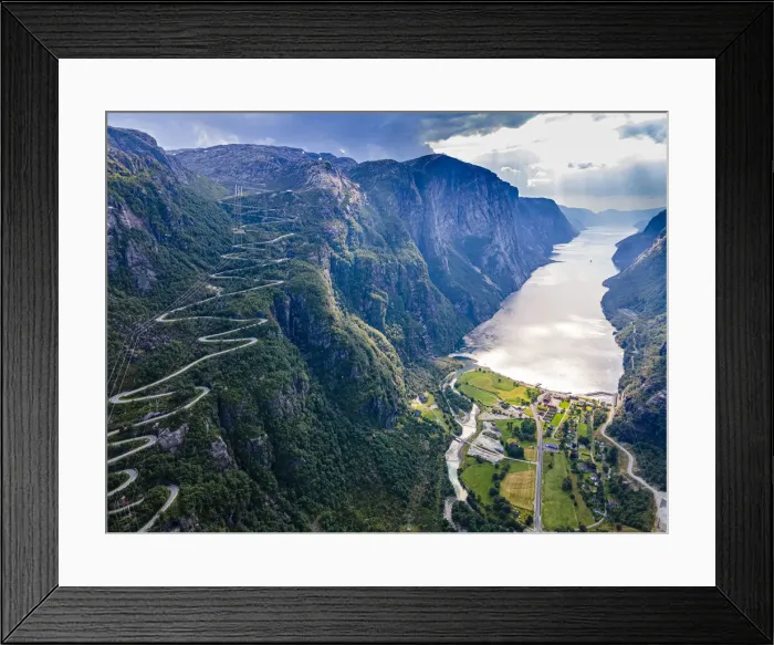 Framed Print : Zigzag road leading down to Lysebodn, at the end of Lystrefjord (Lysefjord), Rogaland Framed Print : Zigzag road leading down to Lysebodn, at the end of Lystrefjord (Lysefjord), Rogaland