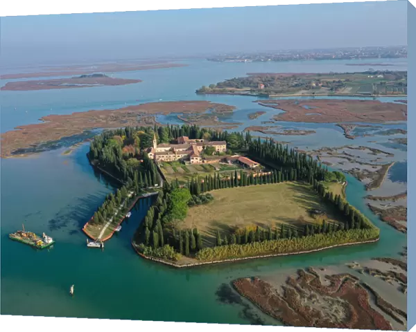 Aerial view of San Francesco del Deserto, Venice Lagoon, Veneto, Italy, Europe