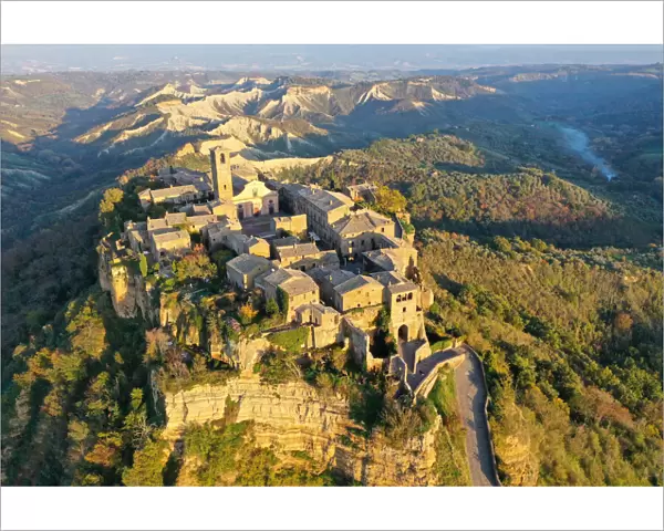 Aerial view by drone of Civita di Bagnoregio village, known as the dying city