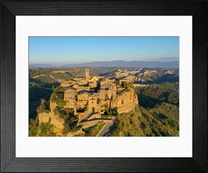 Framed Print : Aerial view by drone of Civita di Bagnoregio village, known as the dying city Framed Print : Aerial view by drone of Civita di Bagnoregio village, known as the dying city