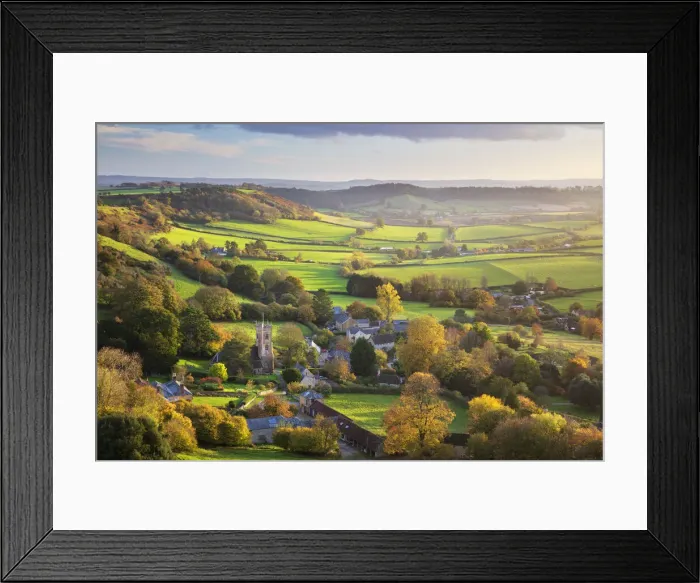Framed Print : View in autumn over the village of Corton Denham and countryside at sunset, Corton Denham Framed Print : View in autumn over the village of Corton Denham and countryside at sunset, Corton Denham