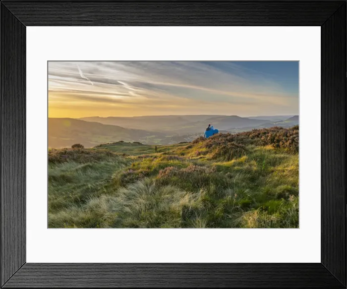 Framed Print : View of couple looking over Hathersage Booths from Millstone Edge Framed Print : View of couple looking over Hathersage Booths from Millstone Edge