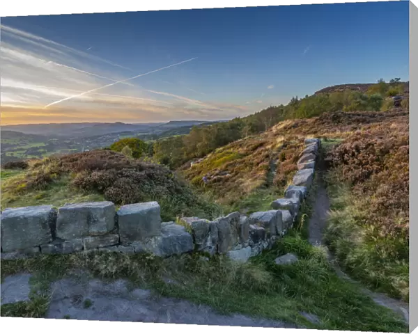 View of over Hathersage Booths from Surprise View at sunset, Millstone Edge