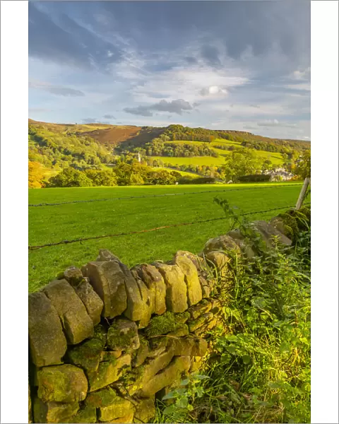 View of Hathersage and countryside autumnal colours, Derbyshire Peak District, Derbyshire