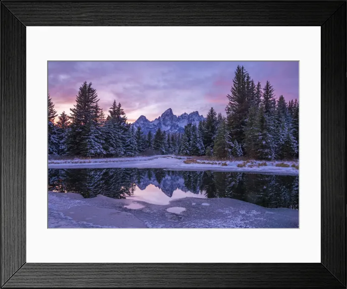 Framed Print : Evening light, reflection of Teton Range in icy pond, Schwabachers Landing Framed Print : Evening light, reflection of Teton Range in icy pond, Schwabachers Landing