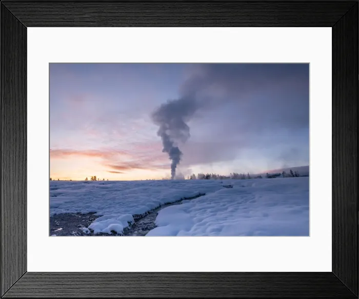 Framed Print : Sunrise eruption of Old Faithful geyser with stream, Yellowstone National Park Framed Print : Sunrise eruption of Old Faithful geyser with stream, Yellowstone National Park