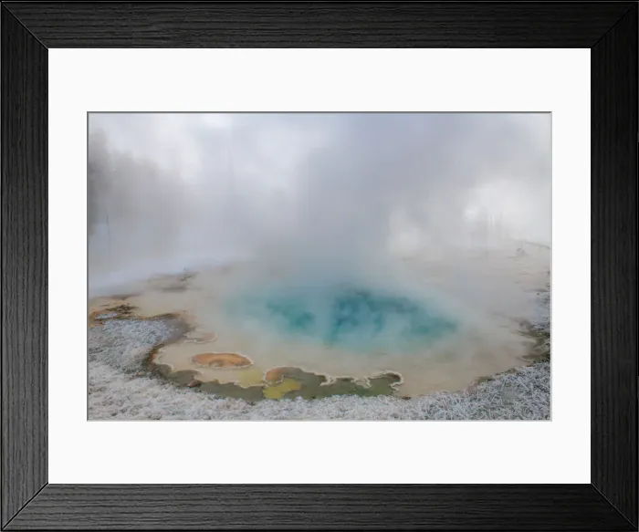 Framed Print : Blue thermal feature in the fog and snow, Yellowstone National Park Framed Print : Blue thermal feature in the fog and snow, Yellowstone National Park