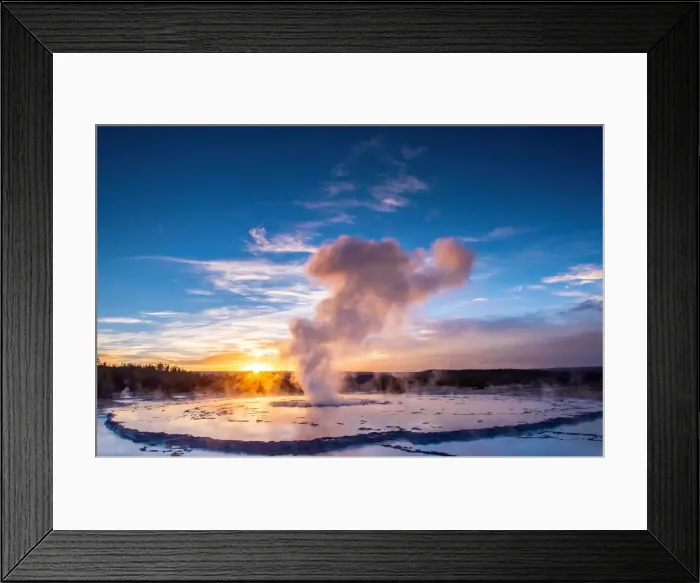 Framed Print : Great Fountain Geyser at sunset with reflection and sunburst, Yellowstone National Park Framed Print : Great Fountain Geyser at sunset with reflection and sunburst, Yellowstone National Park